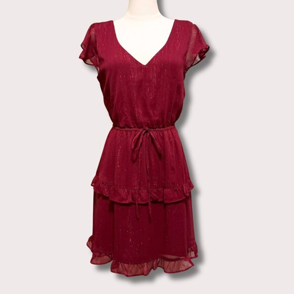 By & By Burgundy Shimmer Flutter Sleeve Holiday Party Dress – Size S | Romantic - Picture 1 of 6